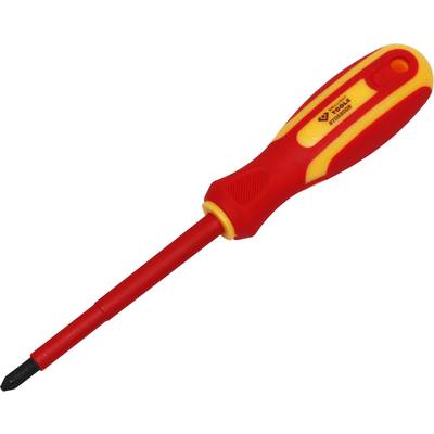 Un cacciavite isolato con impugnatura rossa e gialla. Adatto per lavori elettrici.