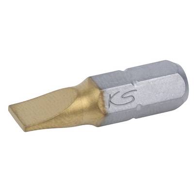 Un inserto per cacciavite color oro e argento con punta smussata e incisione 'KS' sul lato.
