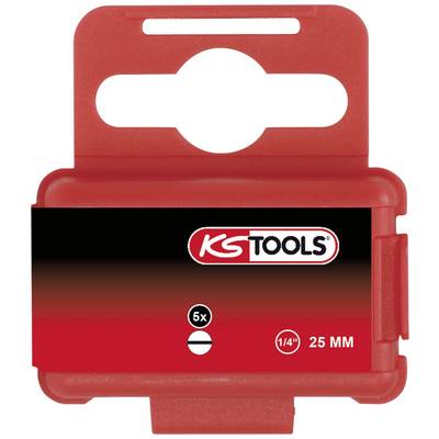 Portautensili rosso con scritta 'KS TOOLS', con grande foro centrale per impugnatura. Riporta le seguenti specifiche: 1/4 pollice, 25 mm, 5 pezzi.