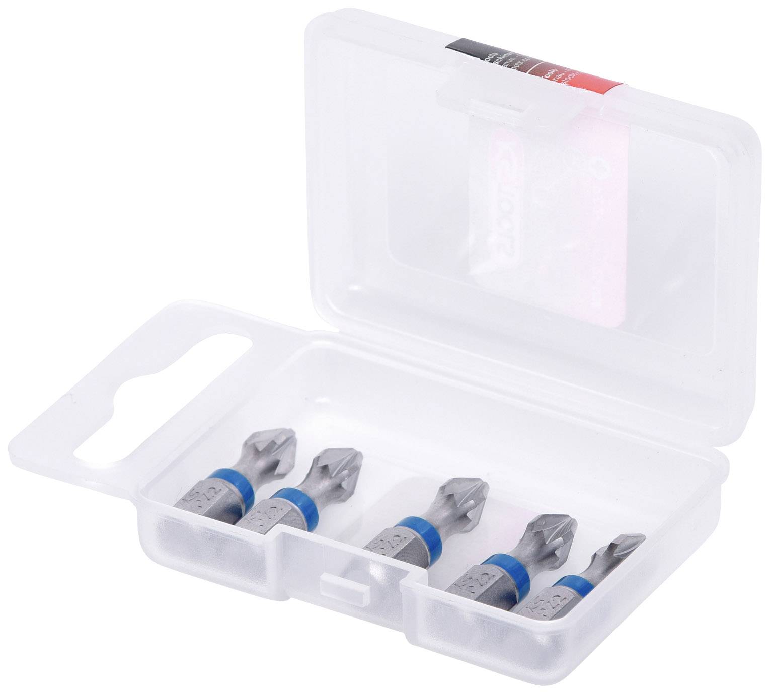 Una valigetta di plastica aperta contenente quattro punte da trapano grigie disposte in fila, ciascuna contrassegnata da anelli blu.
