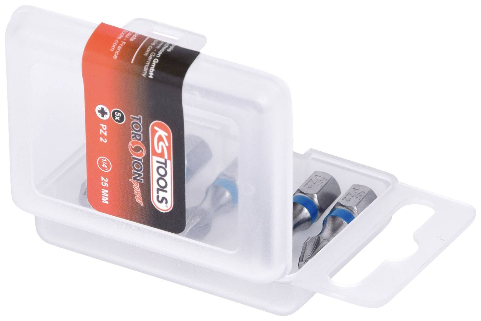 Un contenitore trasparente in plastica con tre inserti per avvitare a croce KS Tools, misura PH2, 25 mm, in un comodo astuccio per un facile accesso.