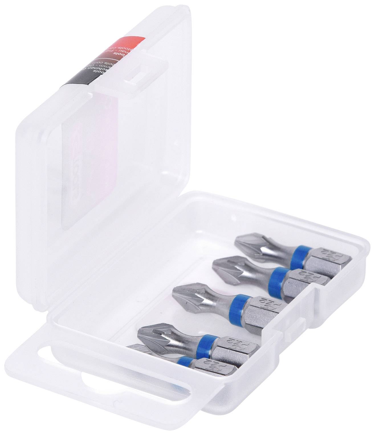 Scatola di plastica con coperchio aperto, contiene quattro bit per cacciavite argentati con marcature blu per l'identificazione.