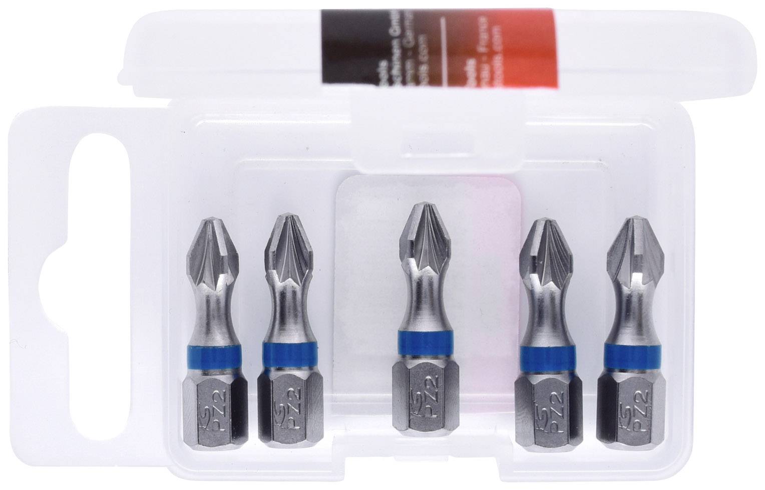 Cinque bit a croce con anelli blu, disposti in una scatola trasparente di plastica.