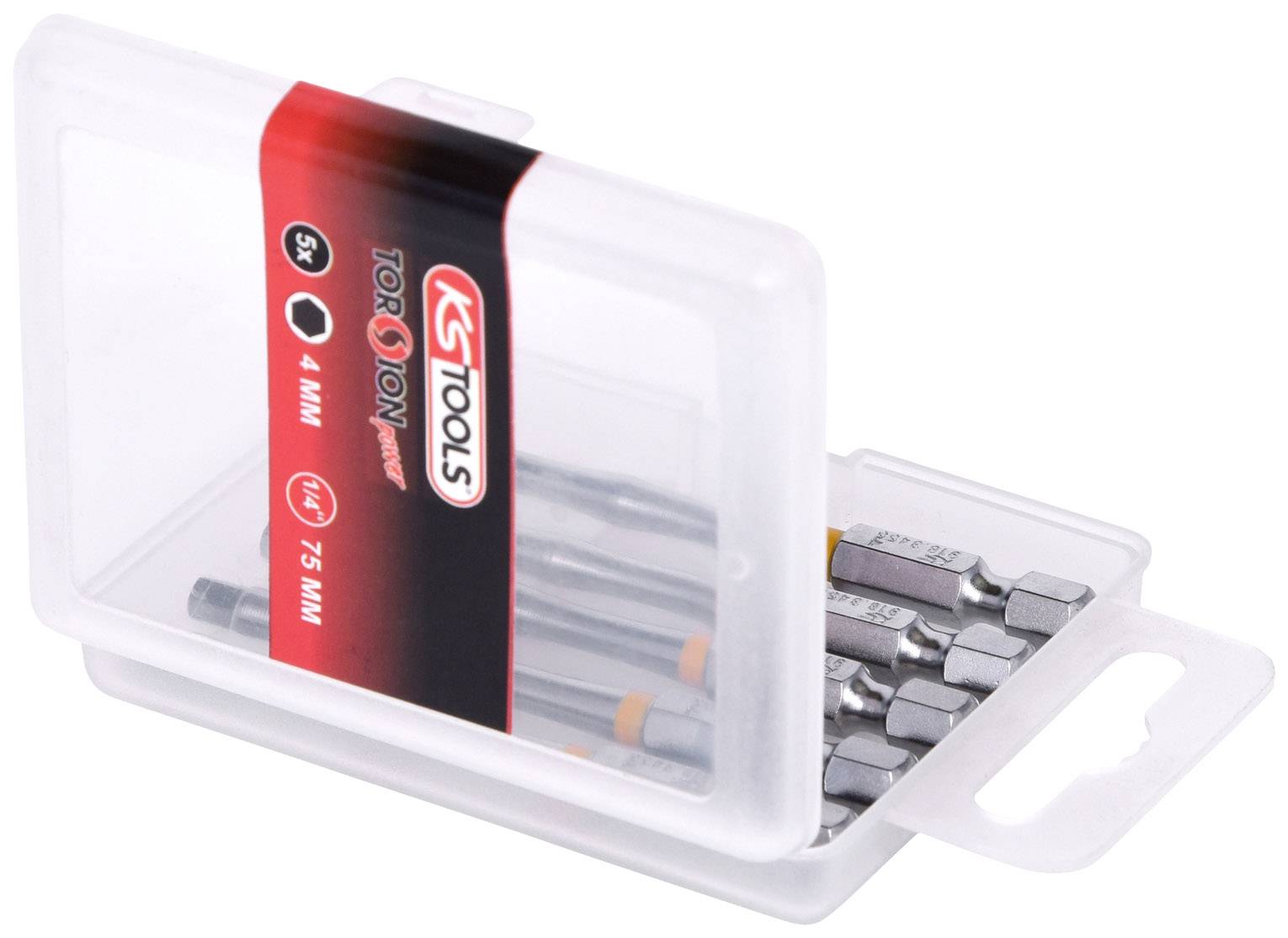 Un astuccio trasparente in plastica con inserti per cacciavite di 'KS Tools', con etichetta 'Torsion 5 pezzi, 4 mm, 75 mm'.