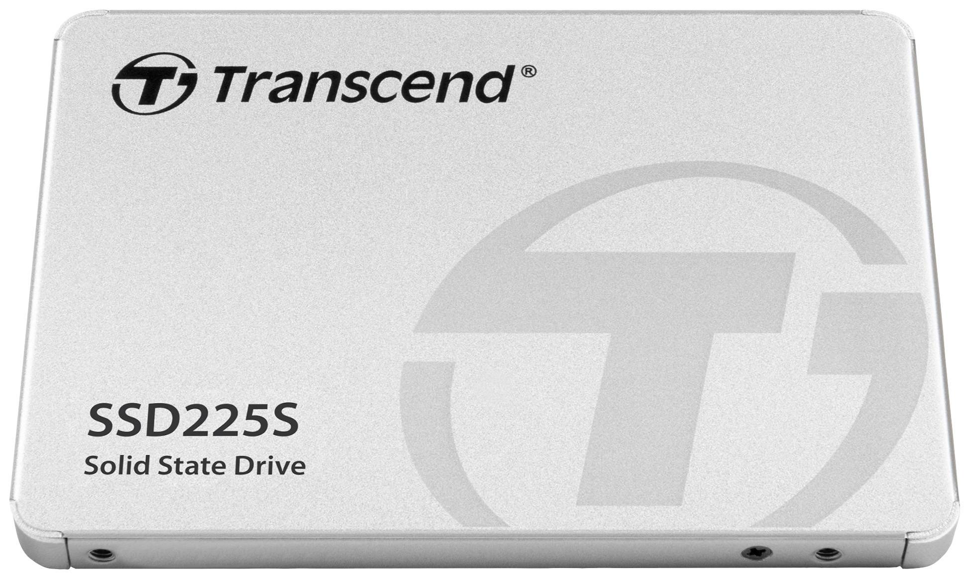 Un'unità SSD Transcend SSD225S d'argento, rettangolare, con logo e nome del prodotto sulla superficie superiore.