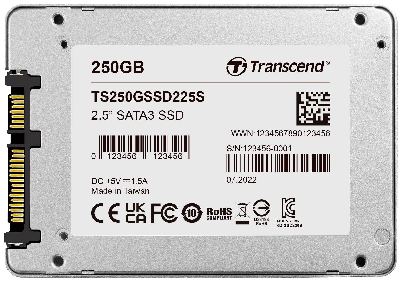 Un SSD Transcend da 250 GB, formato 2,5" SATA3, modello TS250GSSD225S, con numero di serie e data di produzione 07/2022, fabbricato a Taiwan.