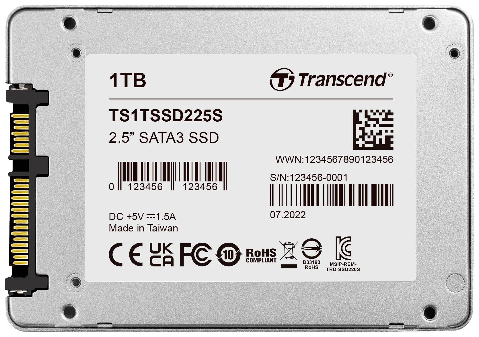 'Transcend 1TB 2.5 SATA3 SSD, Modello TS1TSSD225S, Numero di serie 123456-0001, fabbricato a Taiwan, certificato CE e FCC.'