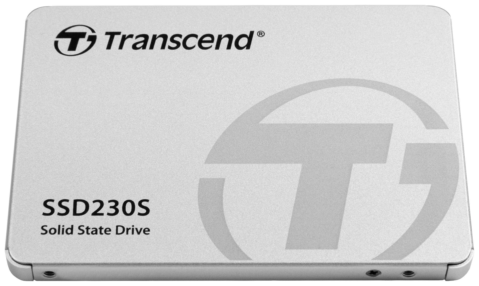 SSD esterna Transcend, modello SSD230S. Involucro argentato con un grande logo 'T' e la scritta 'Solid State Drive'.