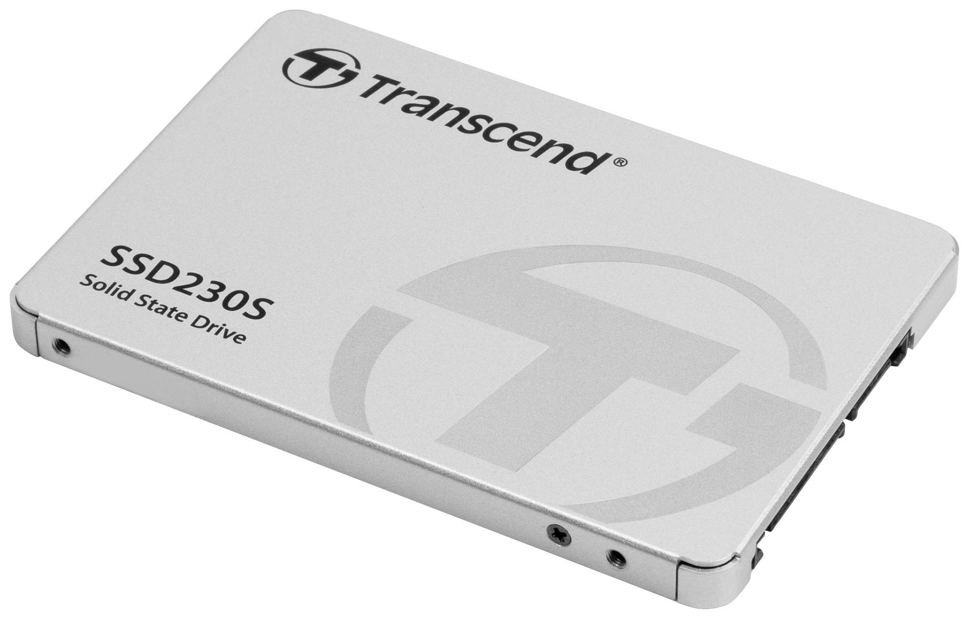 SSD Transcend, modello SSD230S. Possiede un involucro sottile, argentato con il logo Transcend.