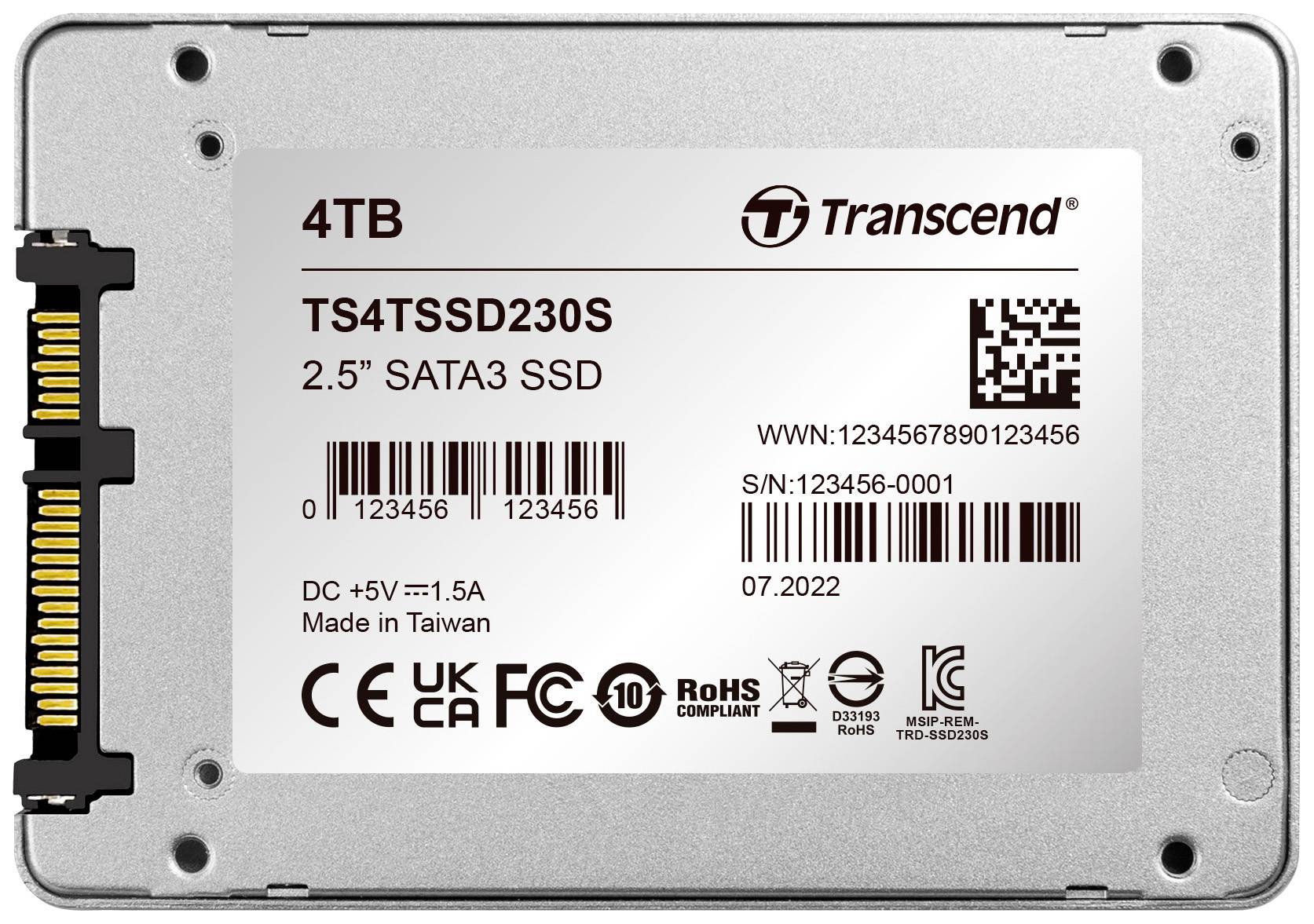 Un SSD Transcend da 2,5" SATA3 da 4TB. Modello: 'TS4TSSD230S'. Numero di serie: '123456-0001'. Produttore: Transcend. Data di produzione: 07/2022.