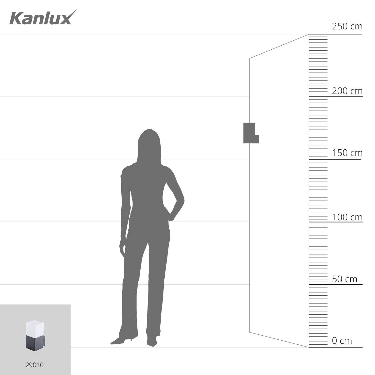 Donna in piedi accanto a una porta aperta, con segni di altezza fino a 250 cm. In basso a sinistra il logo di Kanlux.