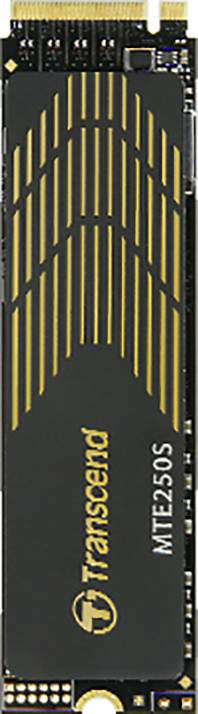 SSD NVMe di Transcend, modello 'MTE250S', con dissipatore di calore nero e accenti dorati, adatto per trasferimenti dati veloci.