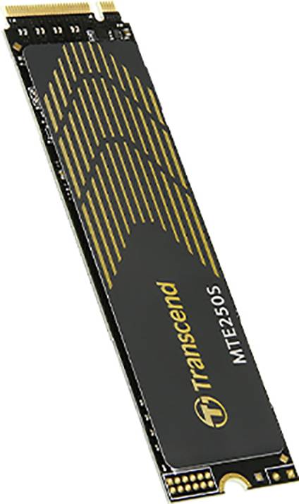 Una Transcend MTE250S NVMe SSD, design sottile, con accenti dorati su un involucro nero. Adatta per trasferimenti dati ad alta velocità.