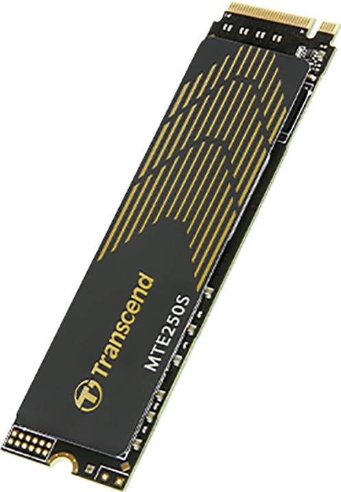 Un'SSD NVMe di Transcend, modello MTE250S, design nero con accenti dorati, per un'archiviazione dati veloce nei computer.