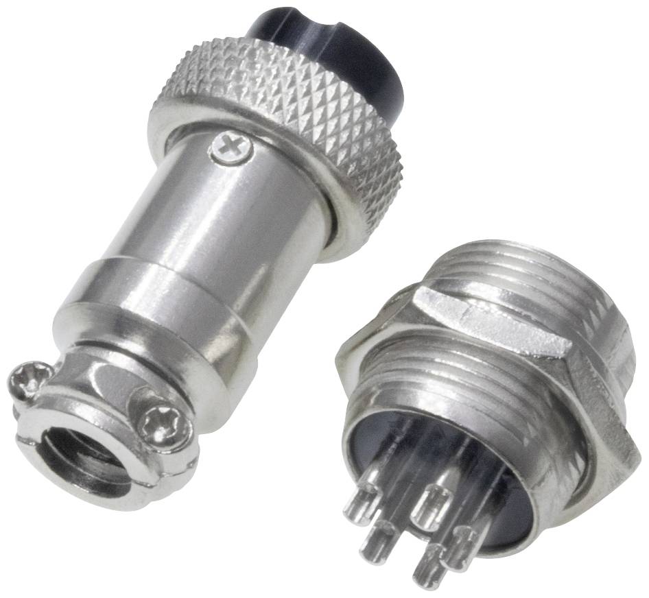 Due connettori circolari metallici, composti da una spina e un'estremità a innesto, con diversi piedini di contatto elettrici.