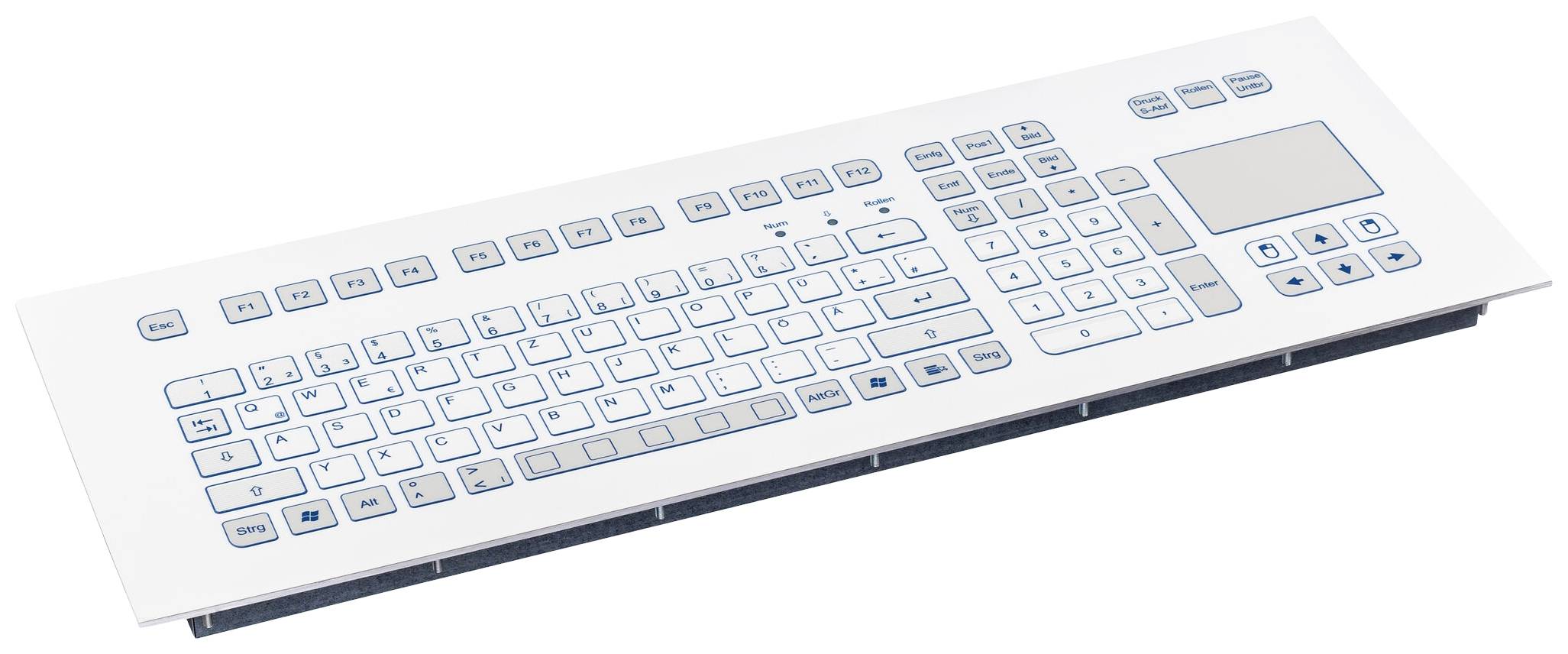 Una tastiera bianca con scritte blu e touchpad integrato in alto a destra.