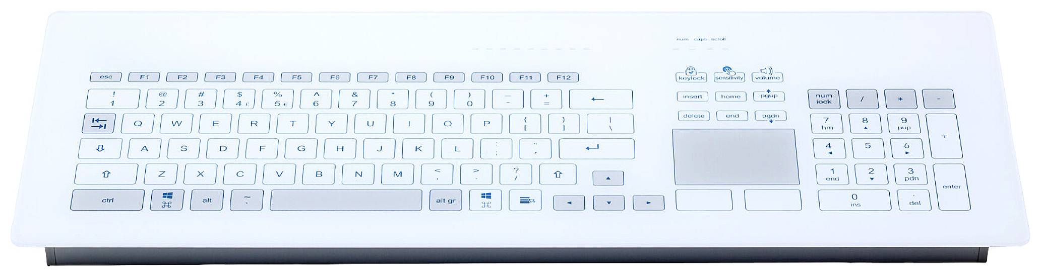 Una tastiera per computer sterile, bianca, con controllo del touchpad integrato e tasti funzione aggiuntivi sul lato destro.