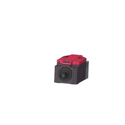 Un piccolo motore elettrico rosso e nero su sfondo bianco, simile a un modello o a un disegno tecnico.