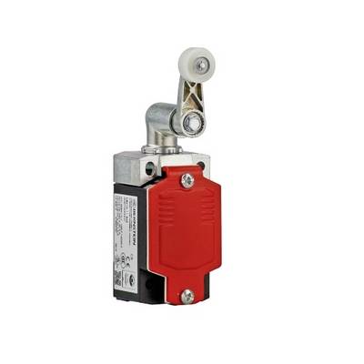 Dispositivo di fine corsa meccanico rosso con leva e rullo, utilizzabile per il monitoraggio delle posizioni nei sistemi di controllo delle macchine.