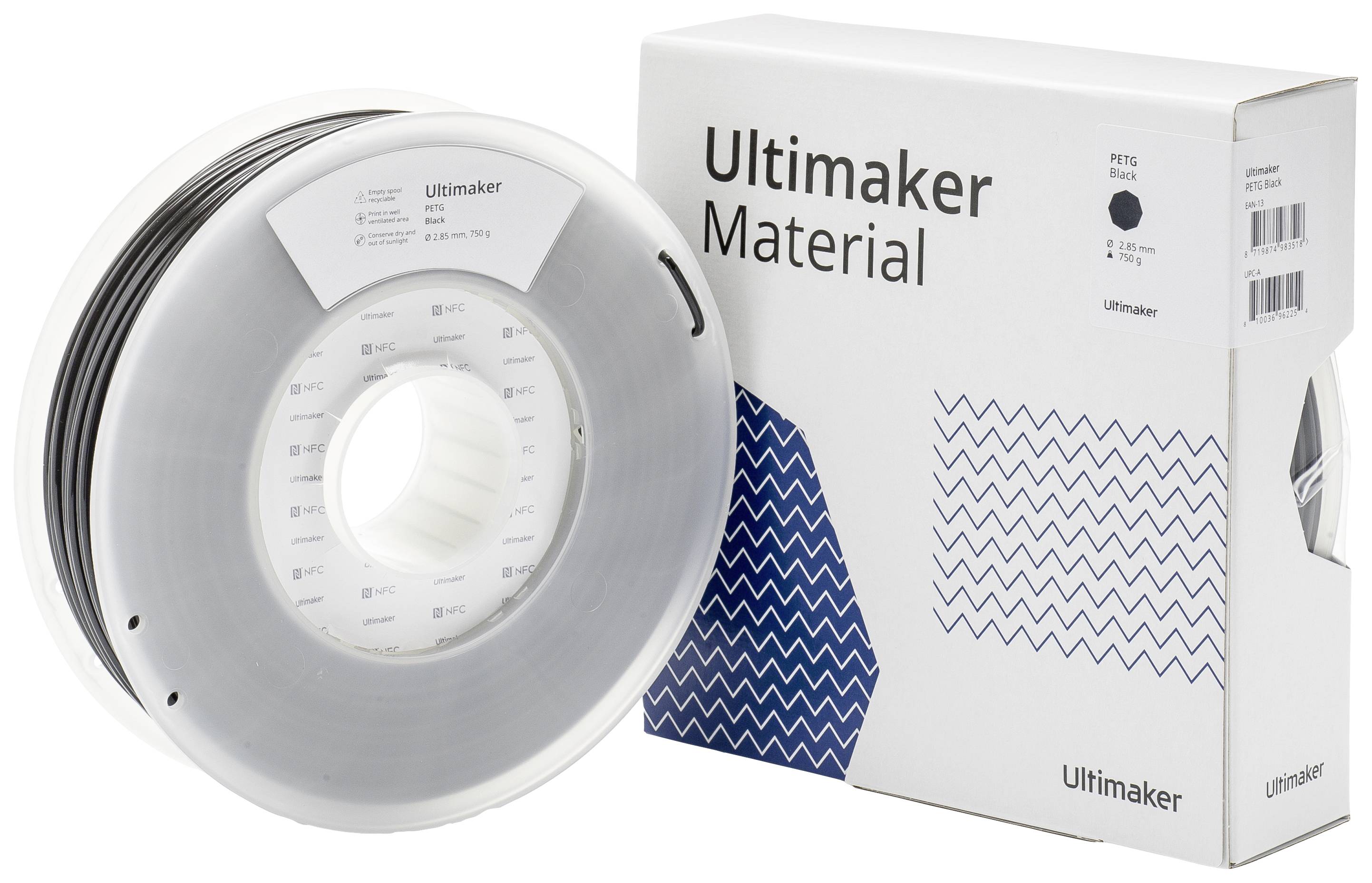 Bobina e confezione di filamento per stampante 3D del marchio Ultimaker con la scritta 'Ultimaker Material'. Adatto per stampa PVA.