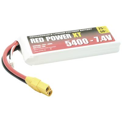 Batteria Litio-Polimeri 'Red Power XT' con capacità di 5400 mAh e 7,4 V. Adatta per applicazioni ad alte prestazioni, connettore a spina rosso-giallo.