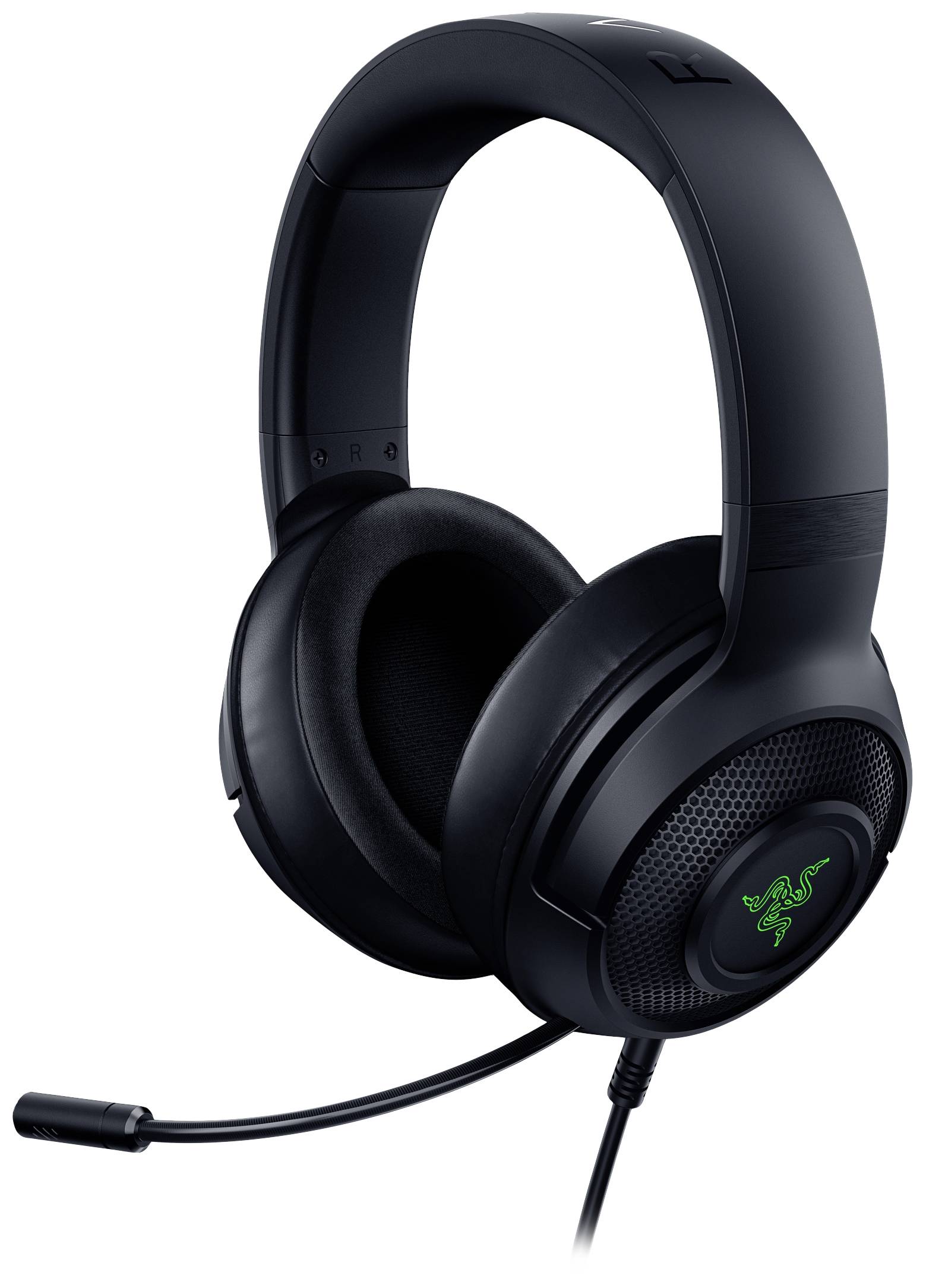 Un headset da gaming nero con microfono, imbottitura spessa e il logo di una testa di animale sul lato. Ideale per i giocatori.