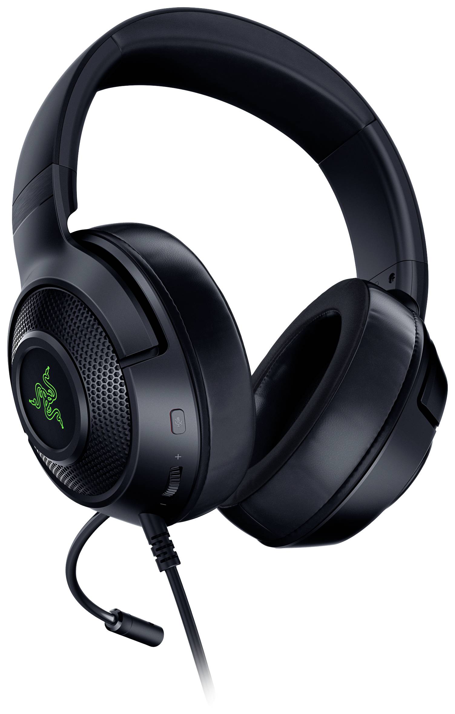 Cuffie over-ear nere con cavo, dotate di microfono integrato, con logo distintivo del marchio sul lato del padiglione auricolare.