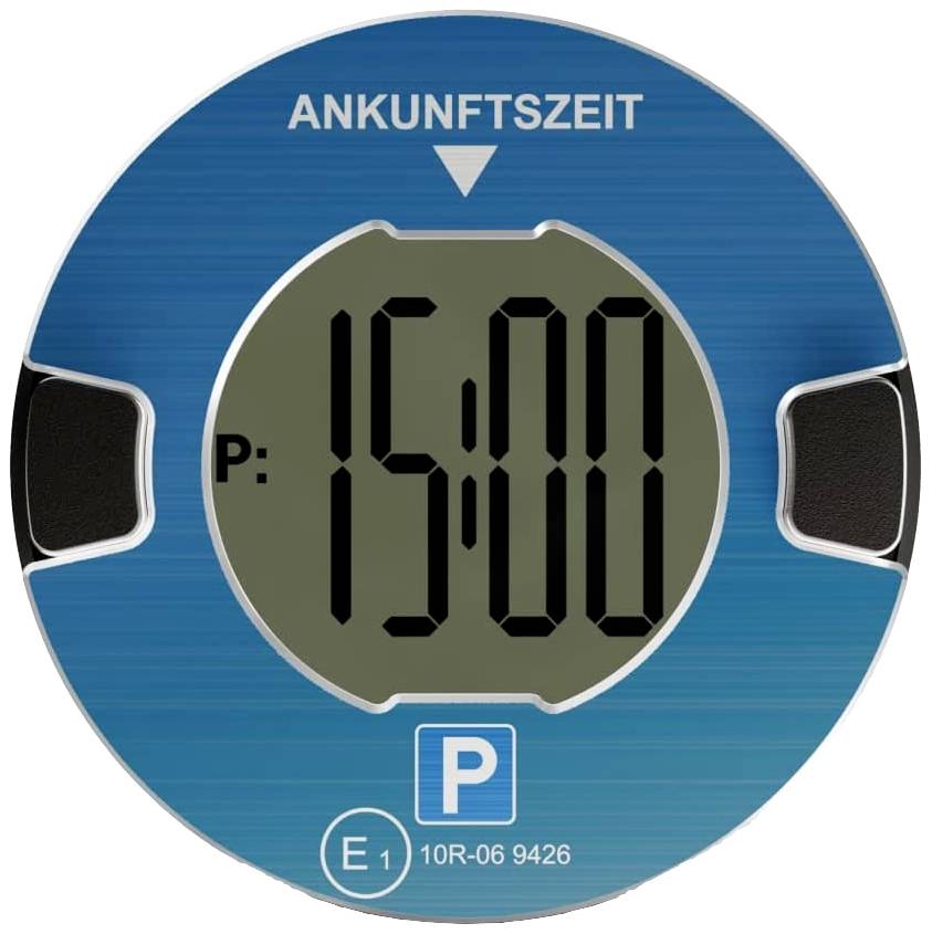 Disco oraria elettronica con ora di arrivo '15:00'. Design circolare blu con ampio display digitale al centro.