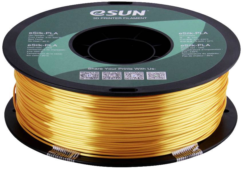 Un rotolo di filamento per stampante 3D giallo del marchio eSUN, modello eSilk-PLA, su una bobina nera.