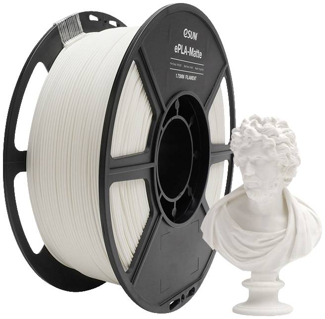 Un rotolo di filamento PLA bianco per stampa 3D accanto a un busto bianco stampato in 3D.