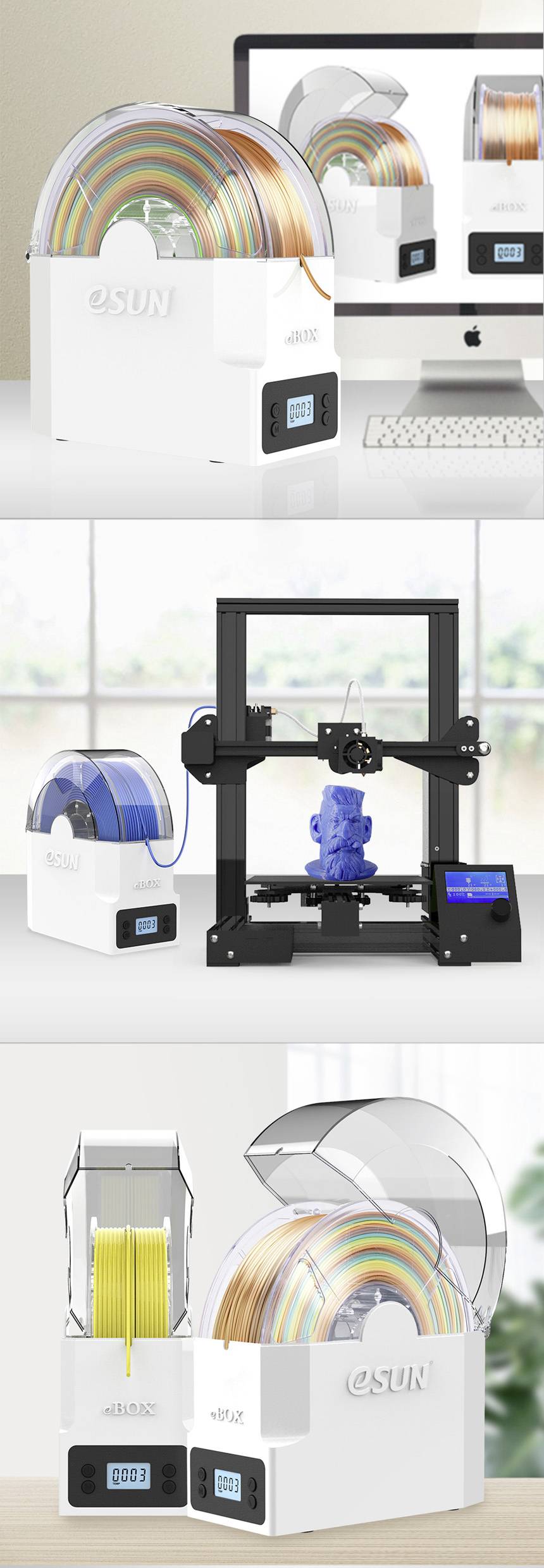 Una serie di immagini mostra diversi stampanti 3D e bobine di filamento in contenitori trasparenti, posizionati accanto a un computer e in una stanza.