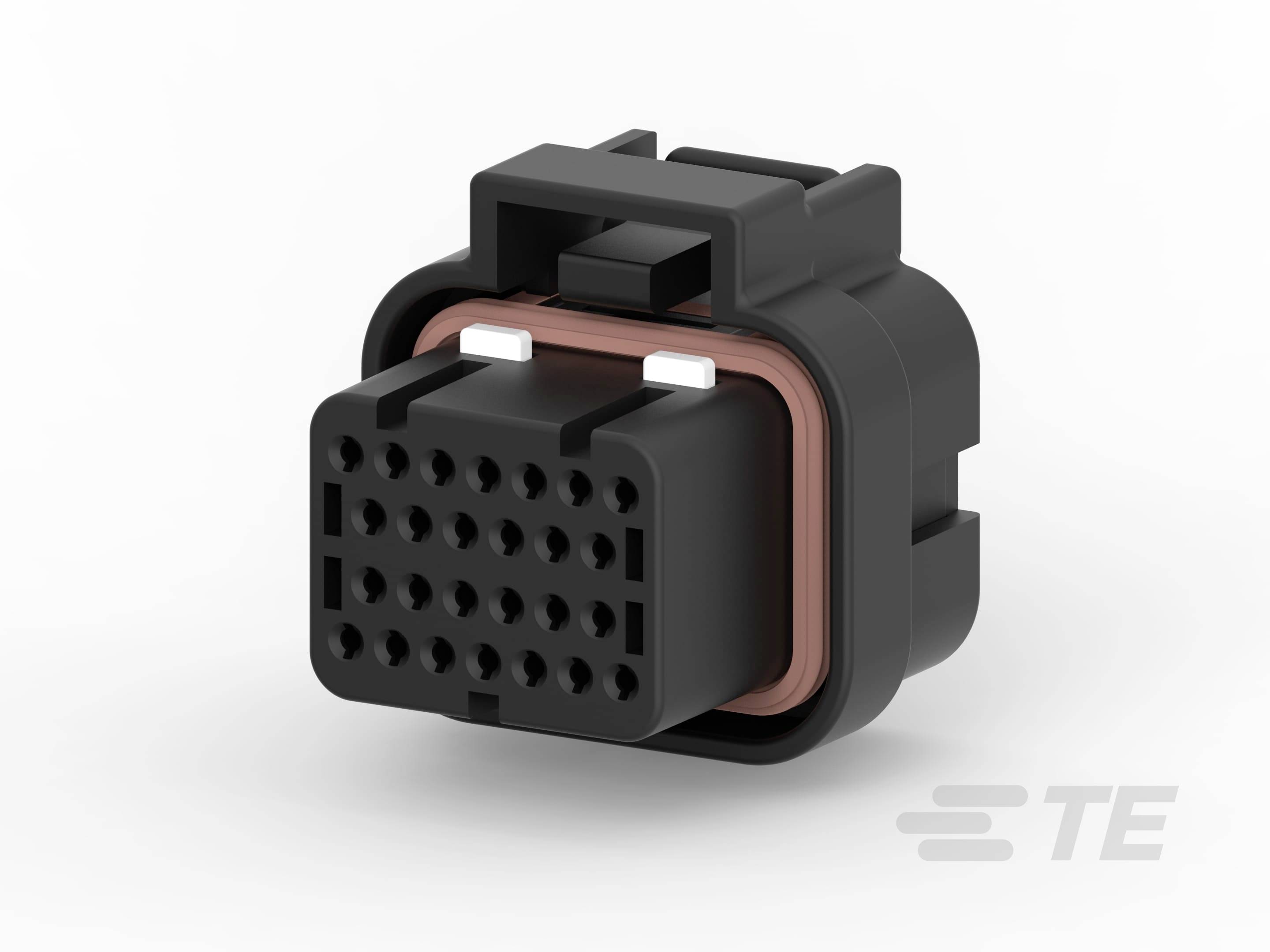 Una spina elettrica nera con più connessioni, forma rettangolare e guarnizione arancione, prodotta da TE.