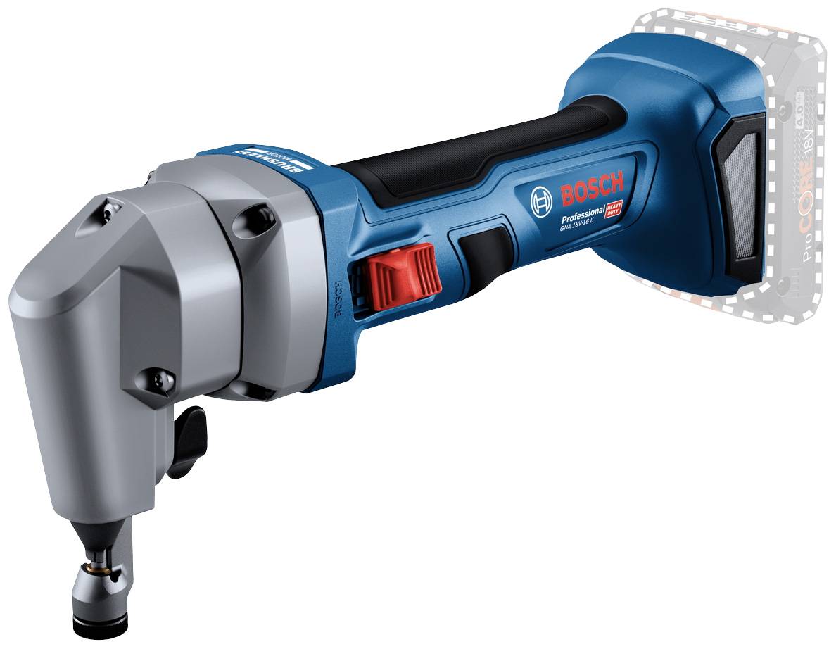 Roditore a batteria in metallo, blu con impugnatura nera e interruttore rosso. Marca 'Bosch', idoneo per tagliare lamiere metalliche.