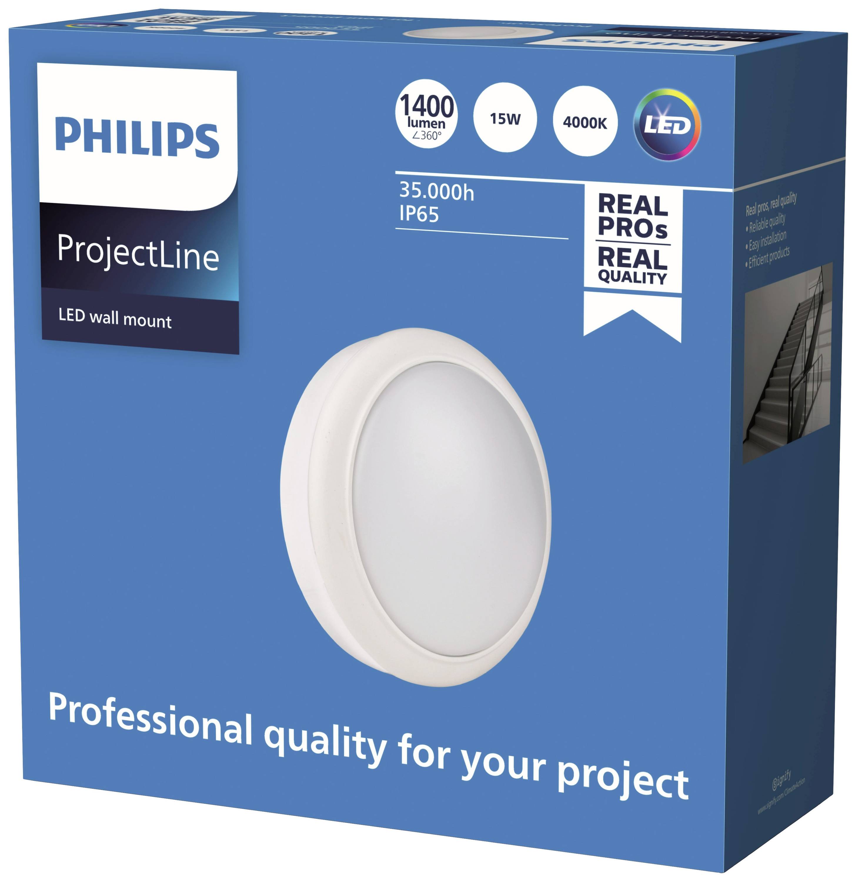 Confezione di un applique a LED Philips, modello ProjectLine. Specifiche: 1400 Lumen, 15W, 4000K, IP65, 35.000 ore.