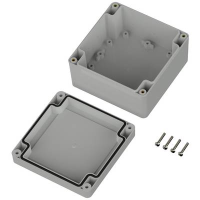 Custodia grigia in plastica con coperchio rimovibile e quattro viti, adatta per installazioni elettroniche.