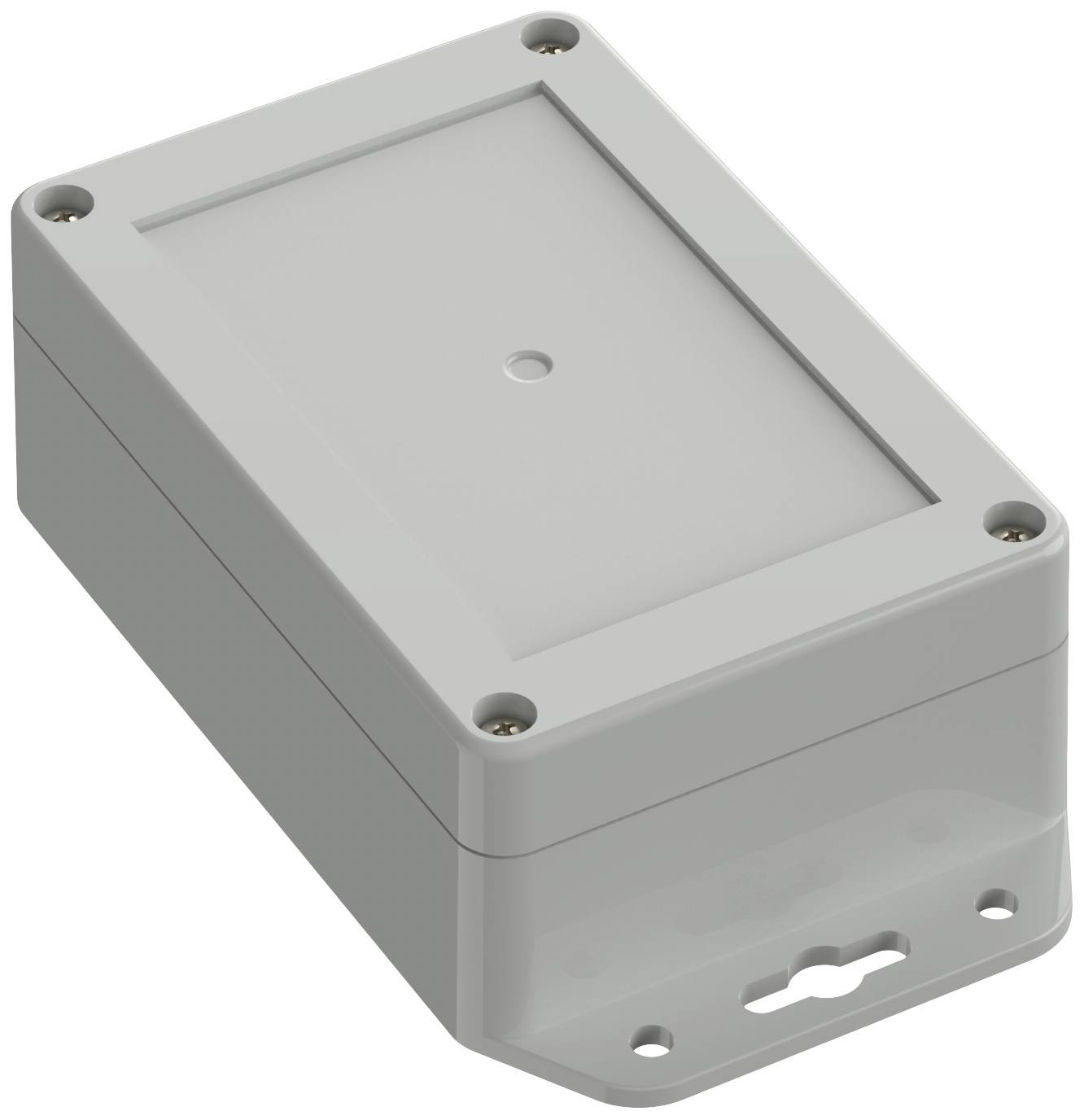 Involucro elettronico grigio, rettangolare, con quattro viti negli angoli e un supporto sul lato inferiore.