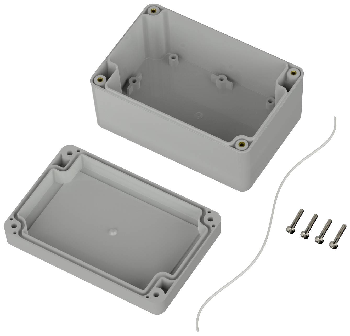 Custodia in plastica grigia rettangolare composta da due parti, con quattro viti e un cavo bianco, pronta per il montaggio.