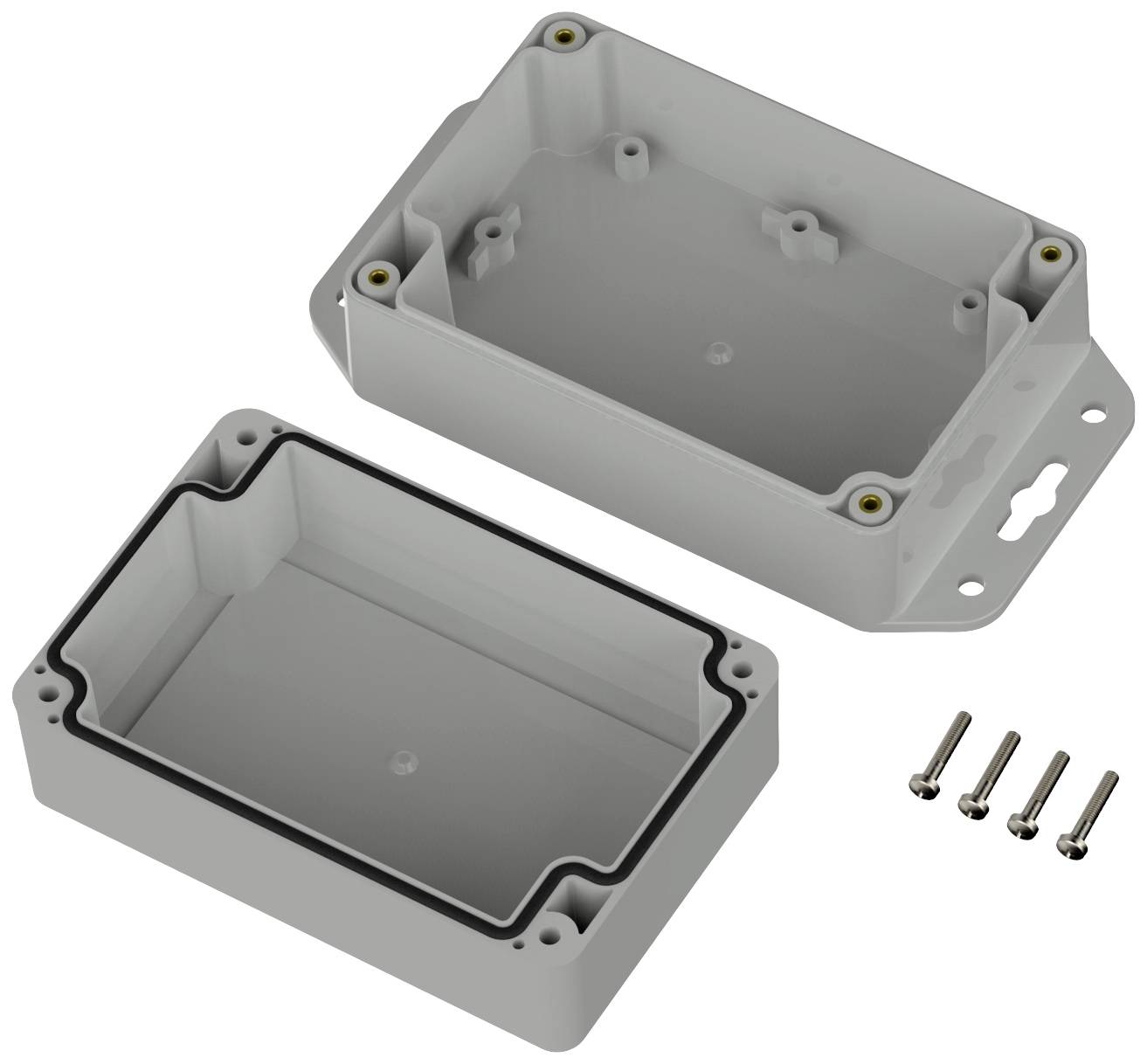 Un involucro rettangolare grigio in plastica, composto da un coperchio e una parte base, con quattro viti removibili.