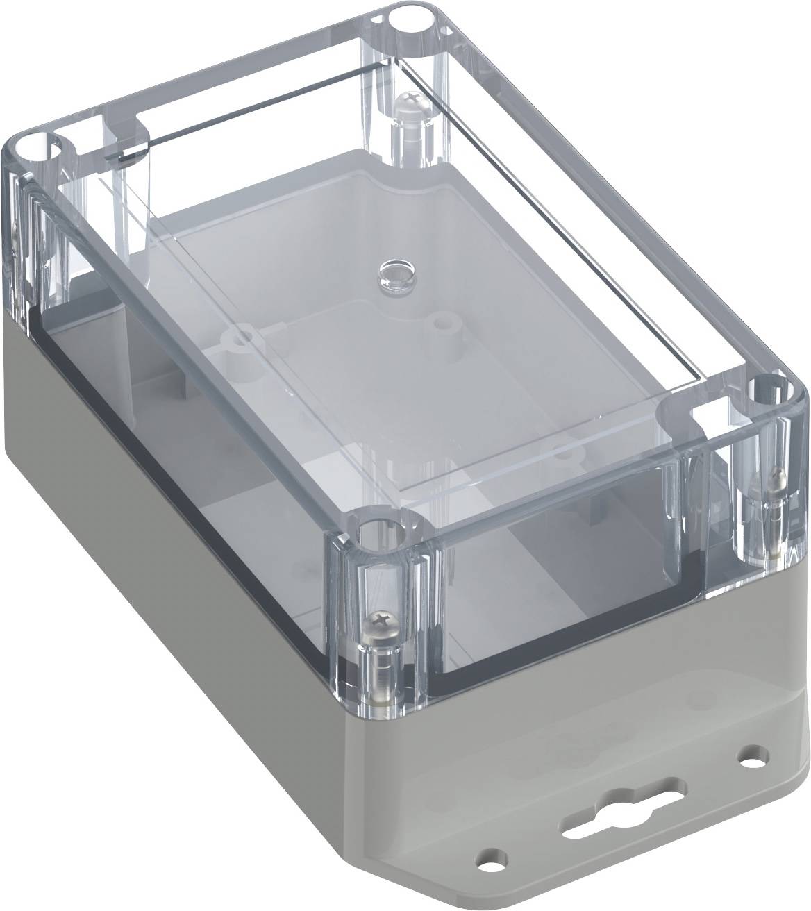 Involucro grigio rettangolare con coperchio trasparente, adatto per la protezione di componenti elettronici.