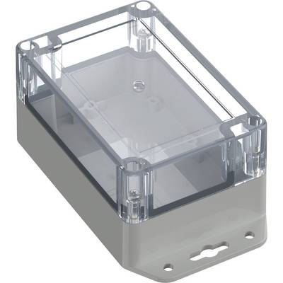 Involucro grigio rettangolare con coperchio trasparente, adatto per la protezione di componenti elettronici.