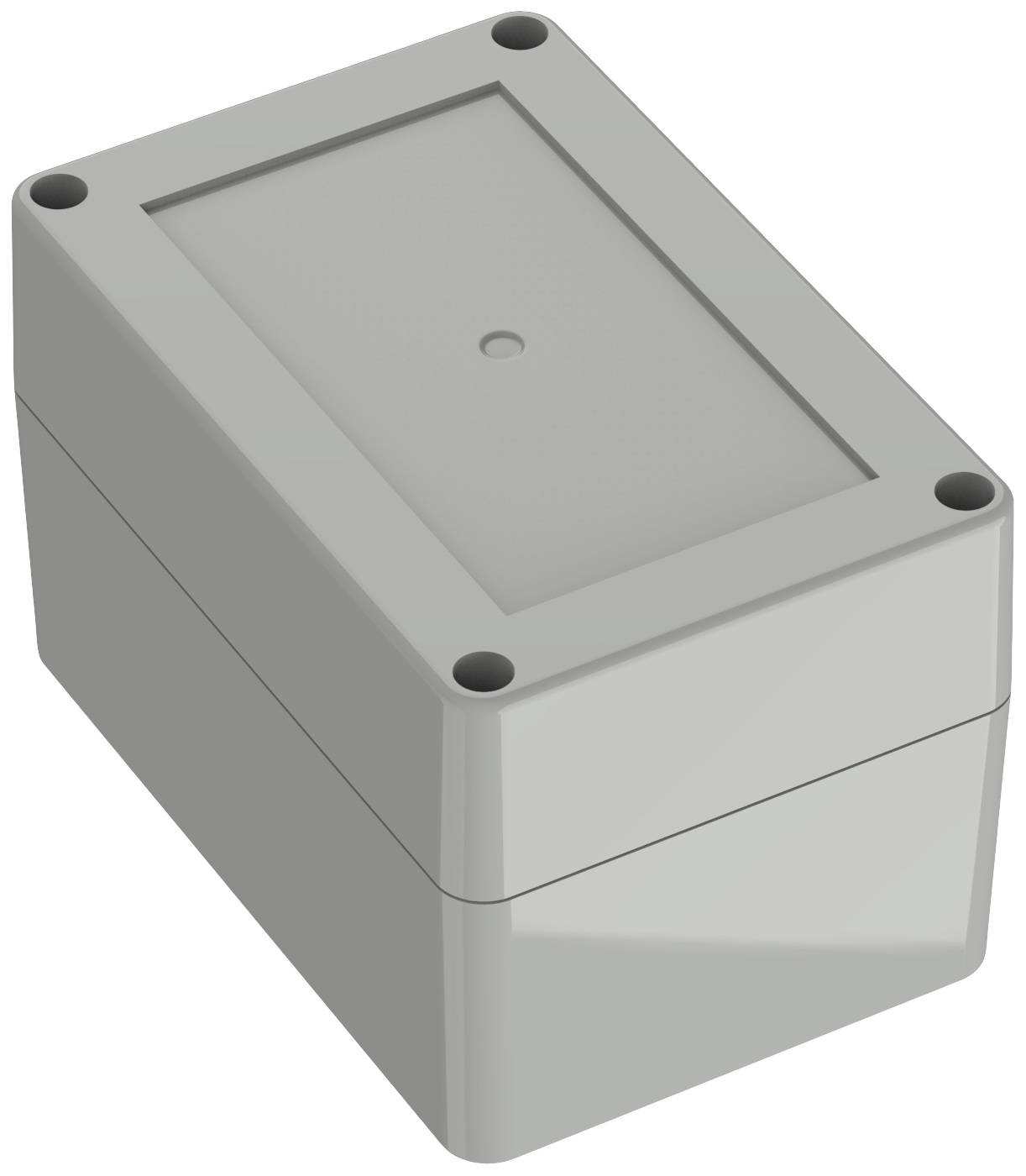 Involucro rettangolare grigio con coperchio rimovibile e quattro fori per viti agli angoli, adatto per componenti elettronici.