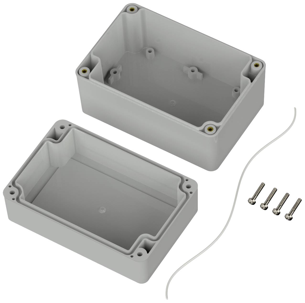 Involucro rettangolare grigio in plastica, apribile in due parti, con quattro viti e un anello di tenuta bianco.