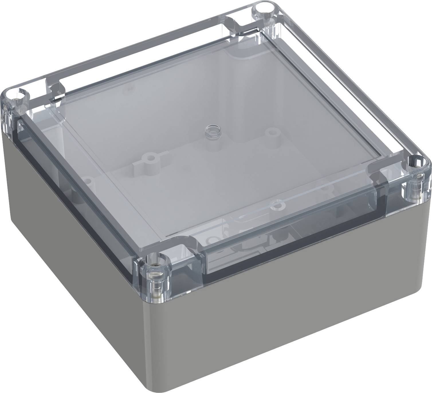 Scatola di plastica grigio-trasparente con quattro fori per viti agli angoli per un facile montaggio a parete.