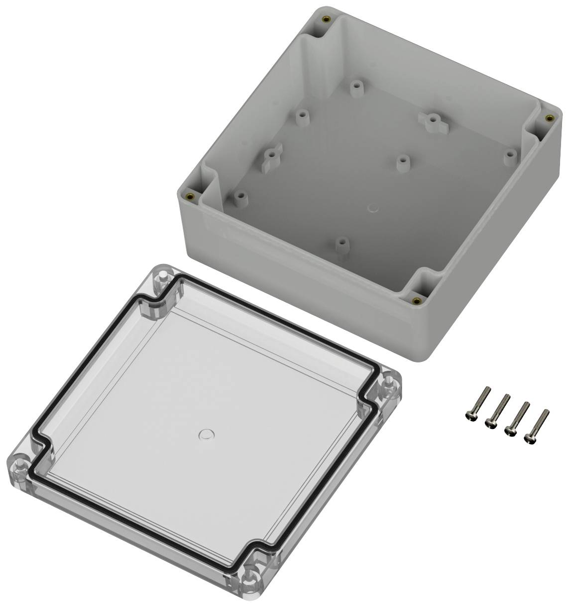 Involucro in plastica composto da due parti: parte base e coperchio trasparente, con quattro viti di fissaggio a corredo. Idoneo per componenti elettronici.