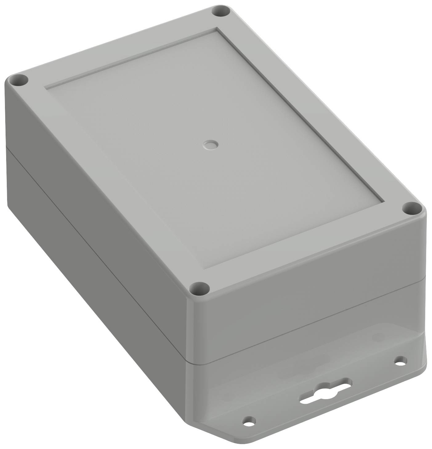 Involucro rettangolare grigio in plastica con coperchio rimovibile e fori per il montaggio a vite, adatto per progetti elettronici.