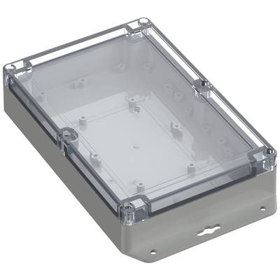 Involucro rettangolare trasparente in plastica con angoli arrotondati, idoneo per applicazioni tecniche e protezione di componenti elettronici.