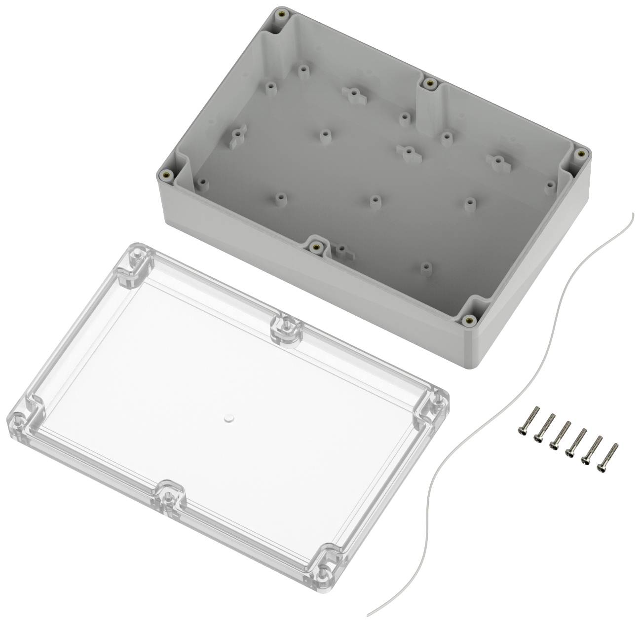 Custodia grigia con coperchio trasparente, sei viti e un anello di guarnizione bianco, idonea per il montaggio di componenti elettronici.