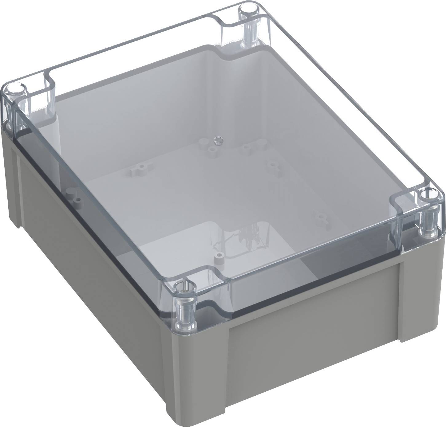 Contenitore rettangolare grigio in plastica con coperchio trasparente. Gli angoli del coperchio sono arrotondati. Il contenitore è vuoto.