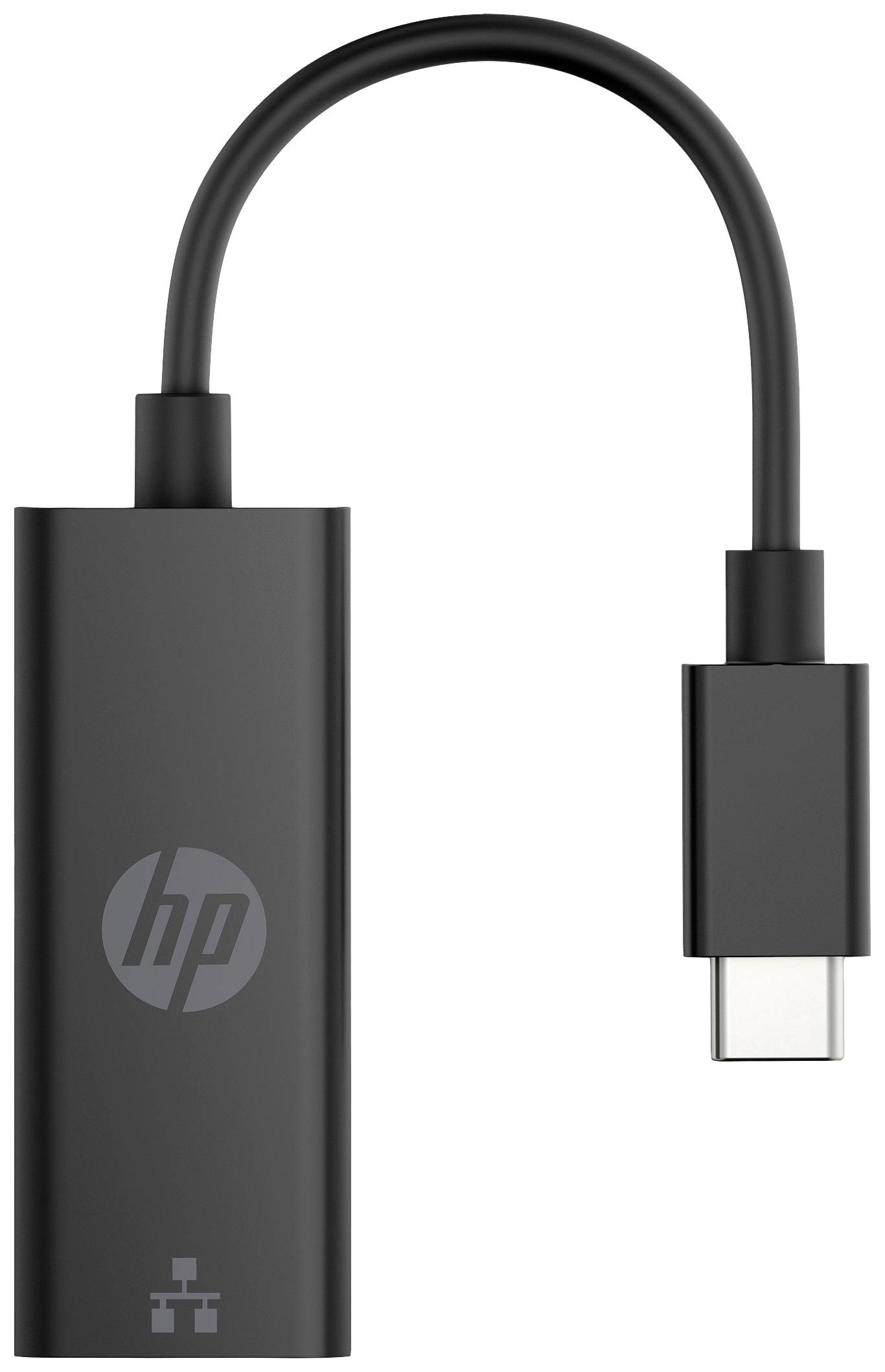 Adattatore nero HP da USB-C a Ethernet per connettere un dispositivo a una rete cablata.