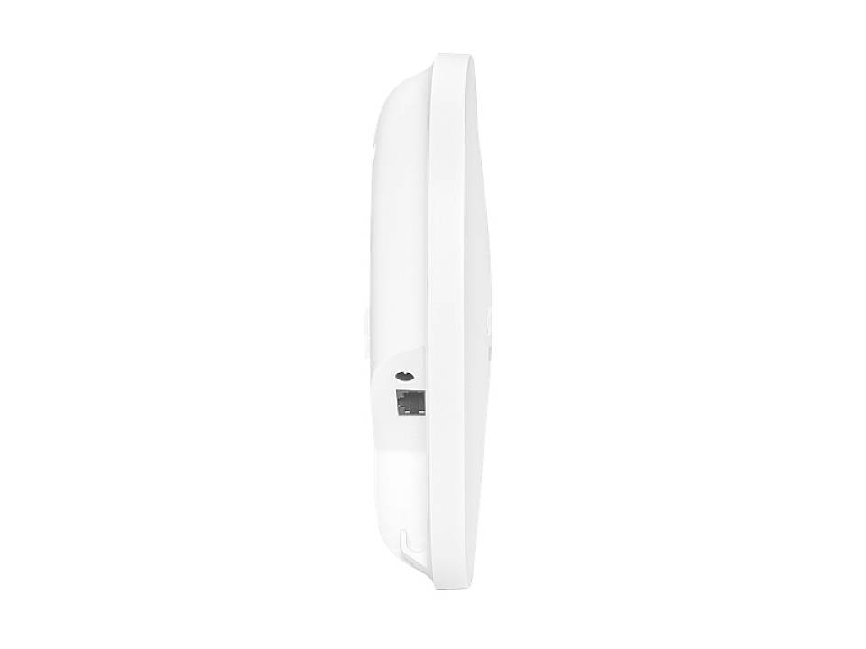 Antenna di rete bianca e rotonda vista lateralmente. Sulla parte posteriore è visibile la porta Ethernet.